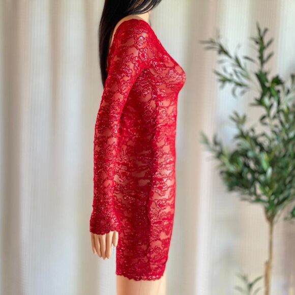 Handmade Y2K Red Glitter Sheer Lace Mini Dress Long Sleeve Bodycon Clubwear XS/S - Picture 3 of 7